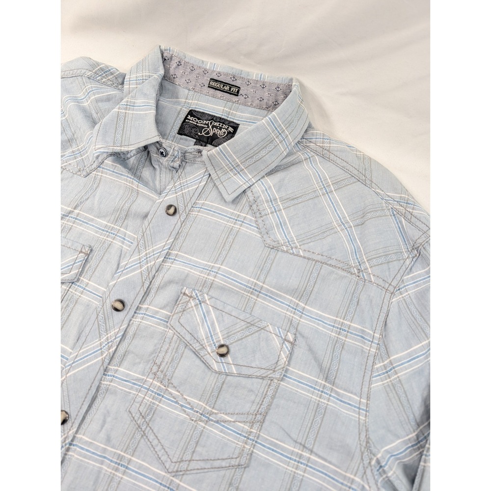 Moonshine Western Long Sleeve‎ Embroidered Pearl Snap Shirt Mens XL Blue Plaid